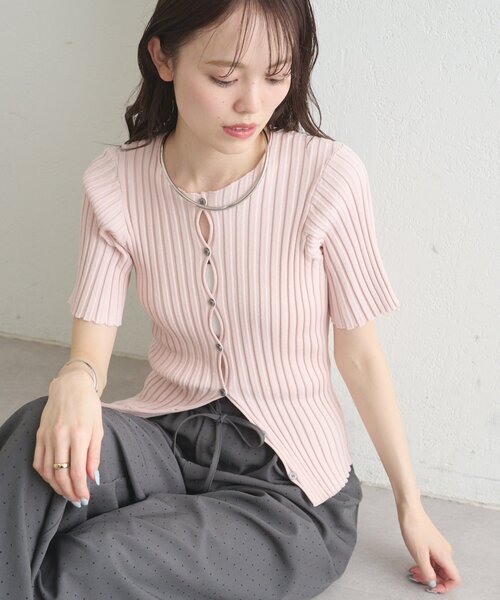 mystic(ミスティック)の「《WEB限定》ラウンドスリット半袖カーディガン(カーディガン/ボレロ・レディース・ブラック/ピンク/イエロー/グリーン/アイボリー・FREE)」の1枚目の写真