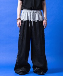 a.p.o.v. スウェット切替ダブルウエストダメージパッチ切り替えワイドデニムパンツ