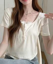 ヘンリーネックデザイン 小花柄レイヤード ショート丈カットソー