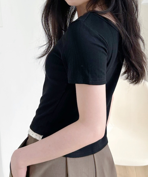 Ada.(エイダ)の「ヘンリーネックデザイン 小花柄レイヤード ショート丈カットソー(Tシャツ/カットソー・レディース・ブルー/ブラック/アイボリー・FREE)」の20枚目の写真