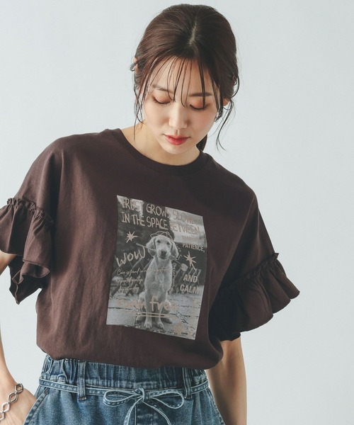 GLOBAL WORK(グローバルワーク)の「ヘビロッTEEフリルプリント半袖/663965(Tシャツ/カットソー・レディース・スミクロ/ホワイト/ブラウン/ライトグレー・LARGE/MEDIUM)」の4枚目の写真