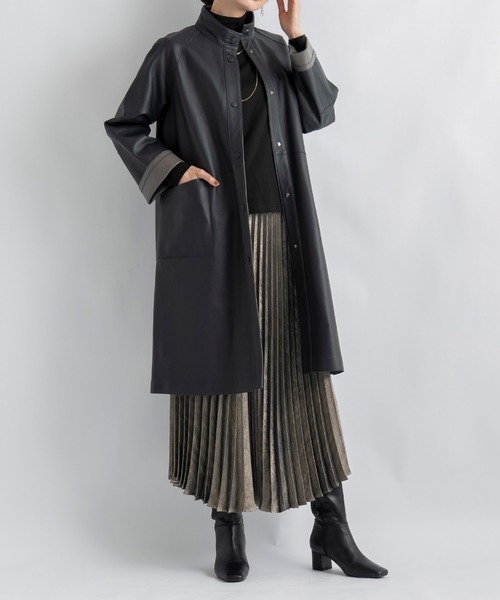 aunt lily(アントリリー)の「トルコ産ラムレザー スタンドネック リバーシブルコート|レザージャケット リアルレザー 本革 ロングコート ライトアウター Aライン(その他アウター・レディース・ネイビー/ダークベージュ・S/LL/L/M)」の9枚目の写真