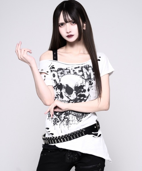 REFLEM(レフレム)の「『REFLEM/レフレム』パンクレイヤードアシメトップス/ハーフスリーブカットソー(Tシャツ/カットソー・レディース・ブラック/ホワイト・L/M)」の1枚目の写真