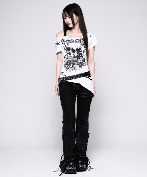 REFLEM(レフレム)の「『REFLEM/レフレム』パンクレイヤードアシメトップス/ハーフスリーブカットソー(Tシャツ/カットソー・レディース・ブラック/ホワイト・L/M)」の8枚目の写真