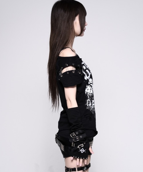 REFLEM(レフレム)の「『REFLEM/レフレム』パンクレイヤードアシメトップス/ハーフスリーブカットソー(Tシャツ/カットソー・レディース・ブラック/ホワイト・L/M)」の5枚目の写真