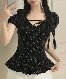 【リボン×ドットで、主役トップス】ドットリボンフリルトップス