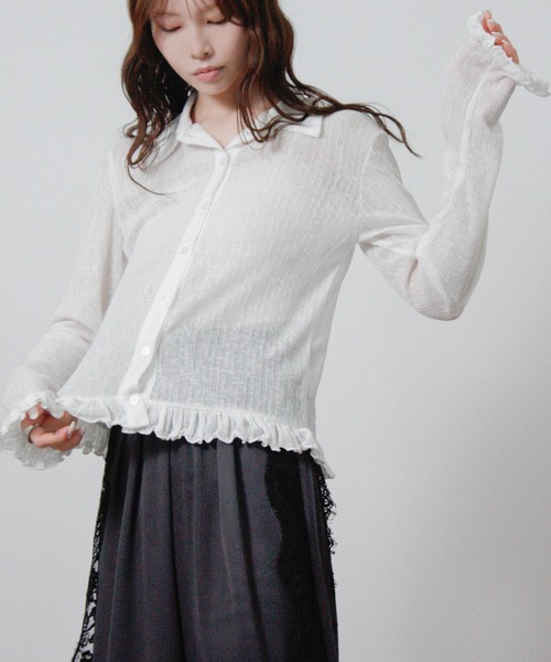 Social GIRL(ソーシャルガール)の「シアースラブ衿付きフリルシャツ 長袖シアーシャツ(シャツ/ブラウス・レディース・グレー/ホワイト/ライム/ブラック・M)」の6枚目の写真
