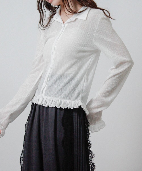 Social GIRL(ソーシャルガール)の「シアースラブ衿付きフリルシャツ 長袖シアーシャツ(シャツ/ブラウス・レディース・グレー/ホワイト/ライム/ブラック・M)」の9枚目の写真