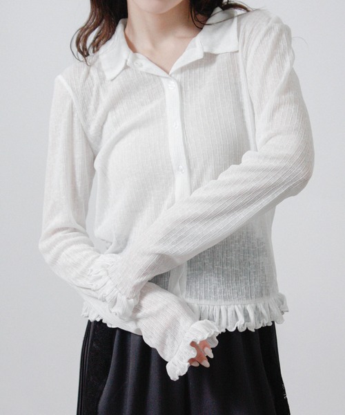 Social GIRL(ソーシャルガール)の「シアースラブ衿付きフリルシャツ 長袖シアーシャツ(シャツ/ブラウス・レディース・グレー/ホワイト/ライム/ブラック・M)」の10枚目の写真