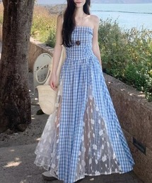 AMAJI（アマジ）の「ギンガムチェック×レース切替 ベアトップ風ロングワンピース（ワンピース）」