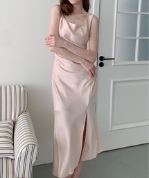 【Jasmine】フロントスリットロングサテンワンピース