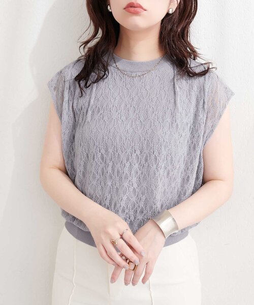 natural couture(ナチュラルクチュール)の「【sherbet line】接触冷感レースレイヤードニット(ニット/セーター・レディース・ライトグレー/ラベンダー/チャコールグレー/オフホワイト/ブラック・FREE)」の17枚目の写真