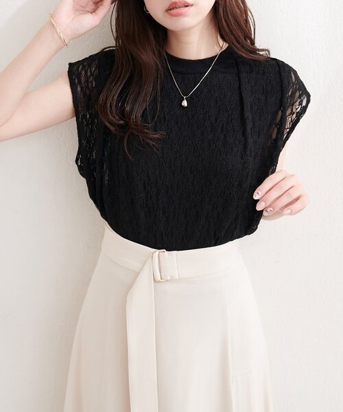 natural couture(ナチュラルクチュール)の「【sherbet line】接触冷感レースレイヤードニット(ニット/セーター・レディース・ライトグレー/ラベンダー/チャコールグレー/オフホワイト/ブラック・FREE)」の21枚目の写真