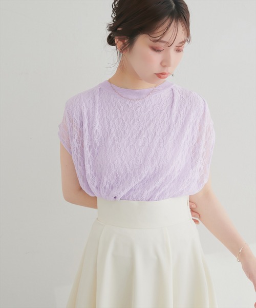 natural couture(ナチュラルクチュール)の「【sherbet line】接触冷感レースレイヤードニット(ニット/セーター・レディース・ライトグレー/ラベンダー/チャコールグレー/オフホワイト/ブラック・FREE)」の5枚目の写真