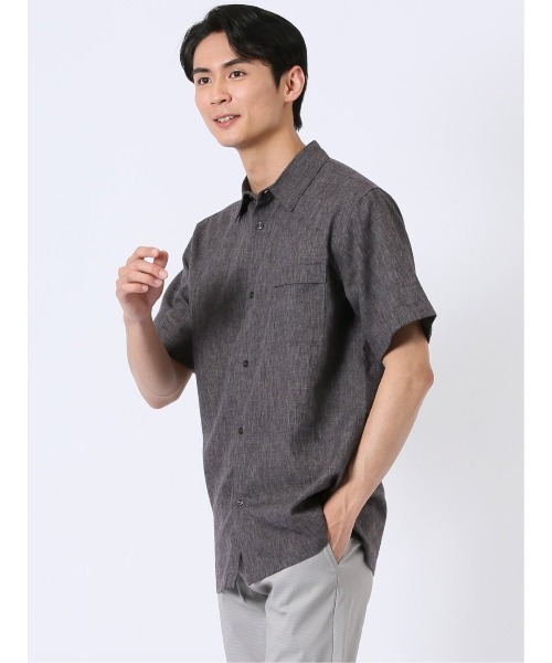 m.f.editorial(エムエフエディトリアル)の「【軽量 フレンチリネン混】m.f.エディトリアル メンズ レギュラーカラー 半袖 シャツ(シャツ/ブラウス・メンズ・ダークウッド/アイボリー・MEDIUM/LARGE/X-LARGE)」の2枚目の写真
