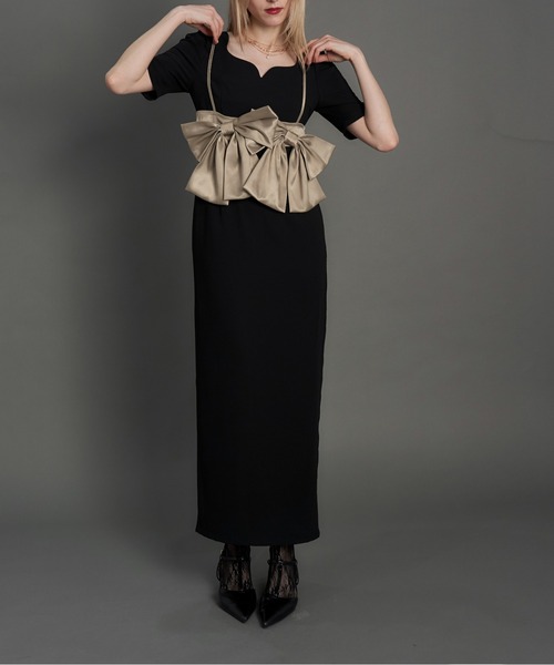 My shawty(マイシャウティー)の「big ribon buistier dress(ドレス・レディース・グレイッシュベージュ/ブラック×ベージュ・FREE)」の1枚目の写真