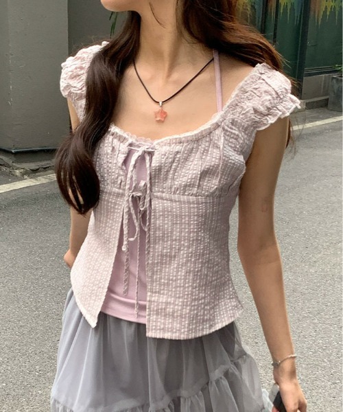 kirakiraShop(キラキラショップ)の「キャミ付き チェック柄 フリル レース トップス 半袖(Tシャツ/カットソー・レディース・ブラック/パープル・FREE)」の2枚目の写真