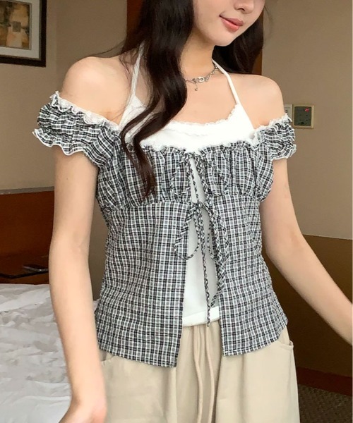 kirakiraShop(キラキラショップ)の「キャミ付き チェック柄 フリル レース トップス 半袖(Tシャツ/カットソー・レディース・ブラック/パープル・FREE)」の5枚目の写真