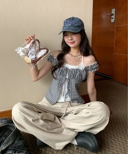 kirakiraShop(キラキラショップ)の「キャミ付き チェック柄 フリル レース トップス 半袖(Tシャツ/カットソー・レディース・ブラック/パープル・FREE)」の6枚目の写真