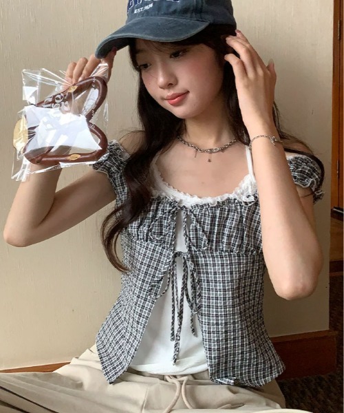 kirakiraShop(キラキラショップ)の「キャミ付き チェック柄 フリル レース トップス 半袖(Tシャツ/カットソー・レディース・ブラック/パープル・FREE)」の3枚目の写真
