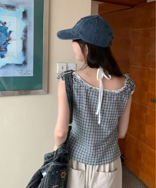 kirakiraShop(キラキラショップ)の「キャミ付き チェック柄 フリル レース トップス 半袖(Tシャツ/カットソー・レディース・ブラック/パープル・FREE)」の8枚目の写真