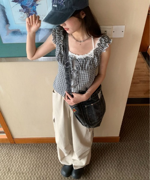 kirakiraShop(キラキラショップ)の「キャミ付き チェック柄 フリル レース トップス 半袖(Tシャツ/カットソー・レディース・ブラック/パープル・FREE)」の9枚目の写真