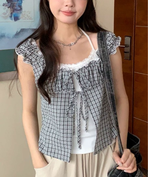 kirakiraShop(キラキラショップ)の「キャミ付き チェック柄 フリル レース トップス 半袖(Tシャツ/カットソー・レディース・ブラック/パープル・FREE)」の4枚目の写真