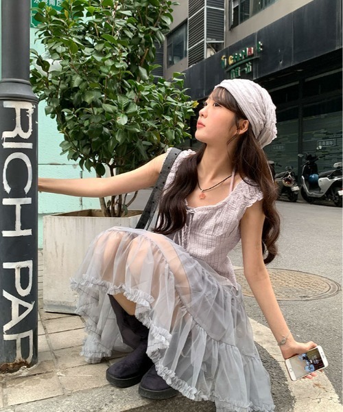 kirakiraShop(キラキラショップ)の「キャミ付き チェック柄 フリル レース トップス 半袖(Tシャツ/カットソー・レディース・ブラック/パープル・FREE)」の10枚目の写真
