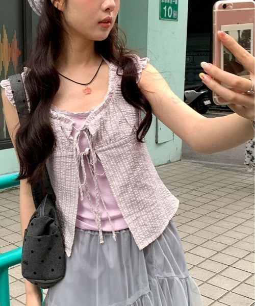 kirakiraShop(キラキラショップ)の「キャミ付き チェック柄 フリル レース トップス 半袖(Tシャツ/カットソー・レディース・ブラック/パープル・FREE)」の11枚目の写真