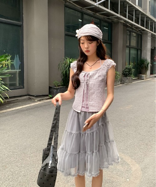 kirakiraShop(キラキラショップ)の「キャミ付き チェック柄 フリル レース トップス 半袖(Tシャツ/カットソー・レディース・ブラック/パープル・FREE)」の12枚目の写真
