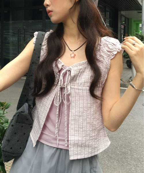 kirakiraShop(キラキラショップ)の「キャミ付き チェック柄 フリル レース トップス 半袖(Tシャツ/カットソー・レディース・ブラック/パープル・FREE)」の13枚目の写真