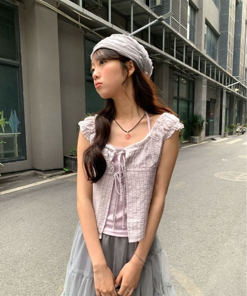 kirakiraShop(キラキラショップ)の「キャミ付き チェック柄 フリル レース トップス 半袖(Tシャツ/カットソー・レディース・ブラック/パープル・FREE)」の14枚目の写真