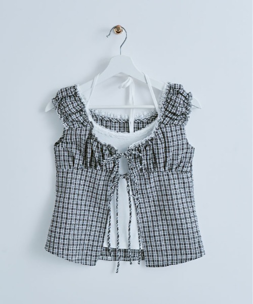 kirakiraShop(キラキラショップ)の「キャミ付き チェック柄 フリル レース トップス 半袖(Tシャツ/カットソー・レディース・ブラック/パープル・FREE)」の17枚目の写真