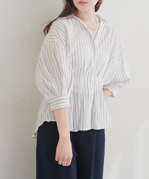 natural couture(ナチュラルクチュール)の「ストライプタックブラウス(シャツ/ブラウス・レディース・グリーン/ピンク/オフホワイト/サックスブルー・FREE)」の13枚目の写真