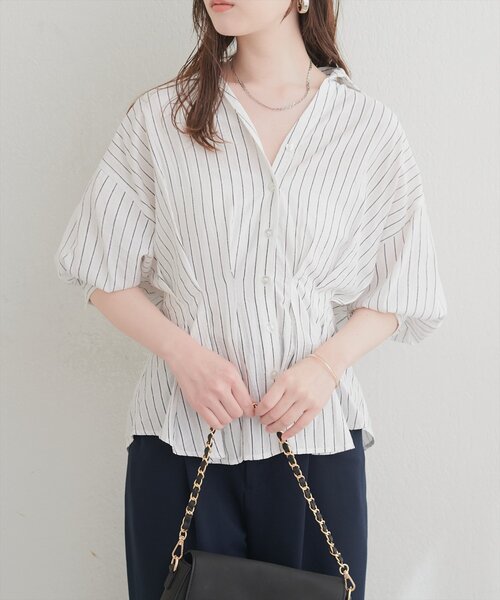 natural couture(ナチュラルクチュール)の「ストライプタックブラウス(シャツ/ブラウス・レディース・グリーン/ピンク/オフホワイト/サックスブルー・FREE)」の14枚目の写真