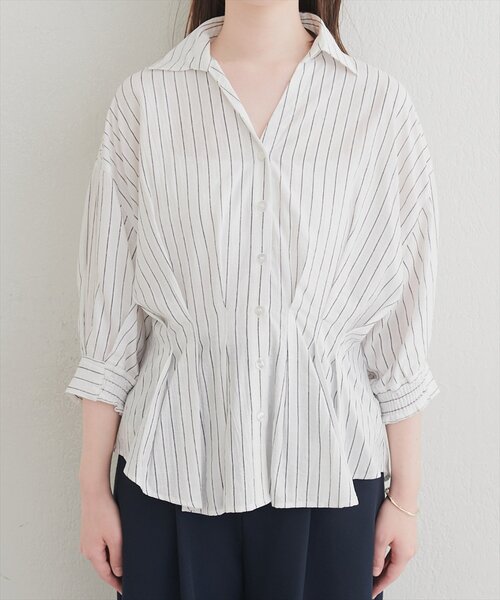 natural couture(ナチュラルクチュール)の「ストライプタックブラウス(シャツ/ブラウス・レディース・グリーン/ピンク/オフホワイト/サックスブルー・FREE)」の16枚目の写真