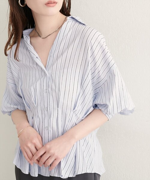 natural couture(ナチュラルクチュール)の「ストライプタックブラウス(シャツ/ブラウス・レディース・グリーン/ピンク/オフホワイト/サックスブルー・FREE)」の21枚目の写真