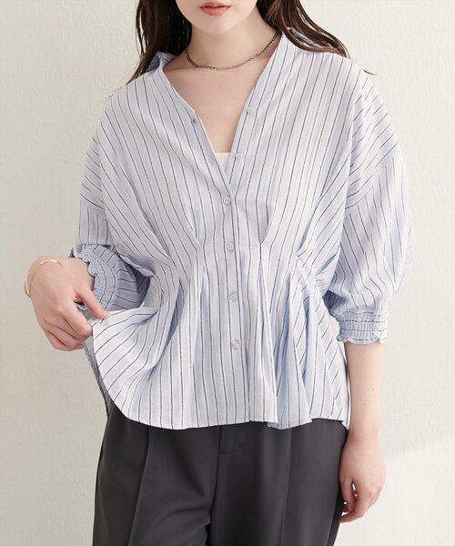 natural couture(ナチュラルクチュール)の「ストライプタックブラウス(シャツ/ブラウス・レディース・グリーン/ピンク/オフホワイト/サックスブルー・FREE)」の22枚目の写真