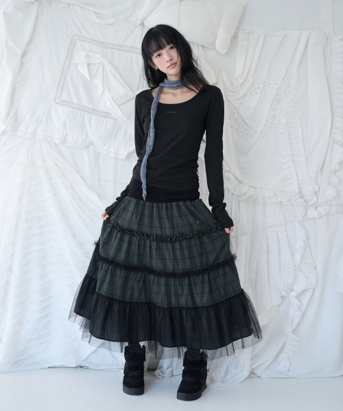 MIRECO(ミレコ)の「FOLDED CHECK FRILL MESH SK KHAKI(スカート・レディース・その他・FREE)」の1枚目の写真