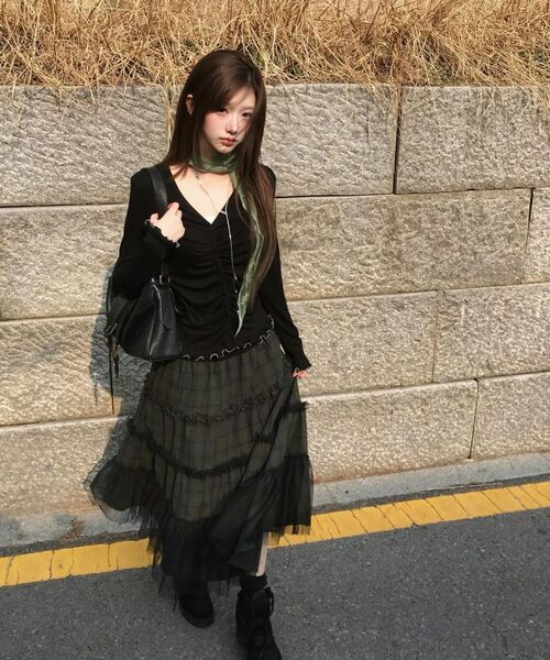 MIRECO(ミレコ)の「FOLDED CHECK FRILL MESH SK KHAKI(スカート・レディース・その他・FREE)」の8枚目の写真
