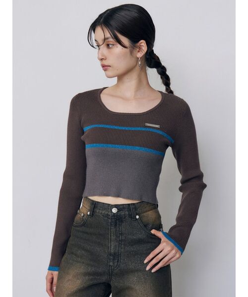 MURUA（ムルーア）の「バイカラークロップドニット　秋服（ニット/セーター・レディース・ブラウン/グレー/レッド・FREE）」の6枚目の写真