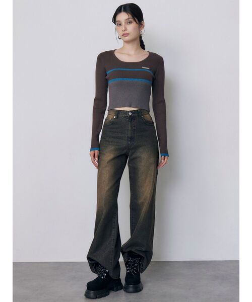 MURUA（ムルーア）の「バイカラークロップドニット　秋服（ニット/セーター・レディース・ブラウン/グレー/レッド・FREE）」の10枚目の写真