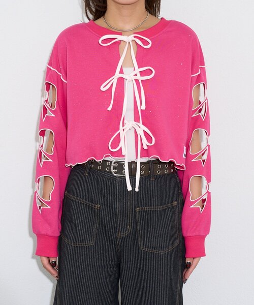 CIAOPANIC(チャオパニック)の「【エルフ×CIAOPANIC】#アゲリボンぶち抜きスウェット(Tシャツ/カットソー・レディース・ピンク・FREE)」の7枚目の写真