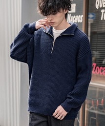 オーバーサイズ畦編みハーフジップ長袖ニットセーター