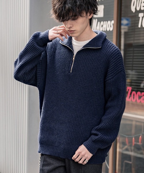 Rocky Monroe(ロッキーモンロー)の「オーバーサイズ畦編みハーフジップ長袖ニットセーター(ニット/セーター・メンズ・ネイビー/ブルー/ピンク/レッド/ホワイト系/ブラック系/グレー系/チャコール/ワイン・S/M/XL/L)」の5枚目の写真