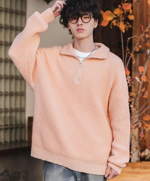 Rocky Monroe(ロッキーモンロー)の「オーバーサイズ畦編みハーフジップ長袖ニットセーター(ニット/セーター・メンズ・ネイビー/ブルー/ピンク/レッド/ホワイト系/ブラック系/グレー系/チャコール/ワイン・S/M/XL/L)」の7枚目の写真