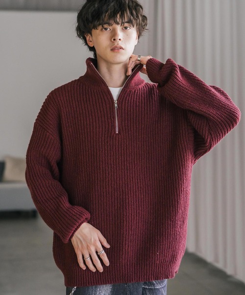 Rocky Monroe(ロッキーモンロー)の「オーバーサイズ畦編みハーフジップ長袖ニットセーター(ニット/セーター・メンズ・ネイビー/ブルー/ピンク/レッド/ホワイト系/ブラック系/グレー系/チャコール/ワイン・S/M/XL/L)」の9枚目の写真