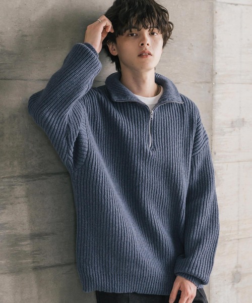 Rocky Monroe(ロッキーモンロー)の「オーバーサイズ畦編みハーフジップ長袖ニットセーター(ニット/セーター・メンズ・ネイビー/ブルー/ピンク/レッド/ホワイト系/ブラック系/グレー系/チャコール/ワイン・S/M/XL/L)」の6枚目の写真