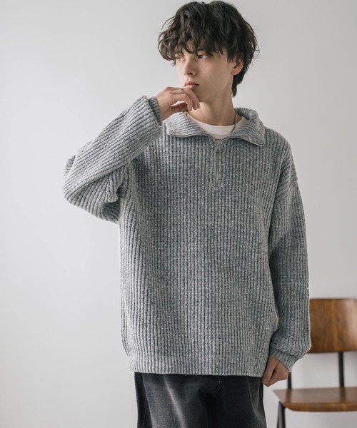 Rocky Monroe(ロッキーモンロー)の「オーバーサイズ畦編みハーフジップ長袖ニットセーター(ニット/セーター・メンズ・ネイビー/ブルー/ピンク/レッド/ホワイト系/ブラック系/グレー系/チャコール/ワイン・S/M/XL/L)」の18枚目の写真