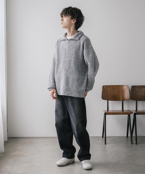 Rocky Monroe(ロッキーモンロー)の「オーバーサイズ畦編みハーフジップ長袖ニットセーター(ニット/セーター・メンズ・ネイビー/ブルー/ピンク/レッド/ホワイト系/ブラック系/グレー系/チャコール/ワイン・S/M/XL/L)」の19枚目の写真